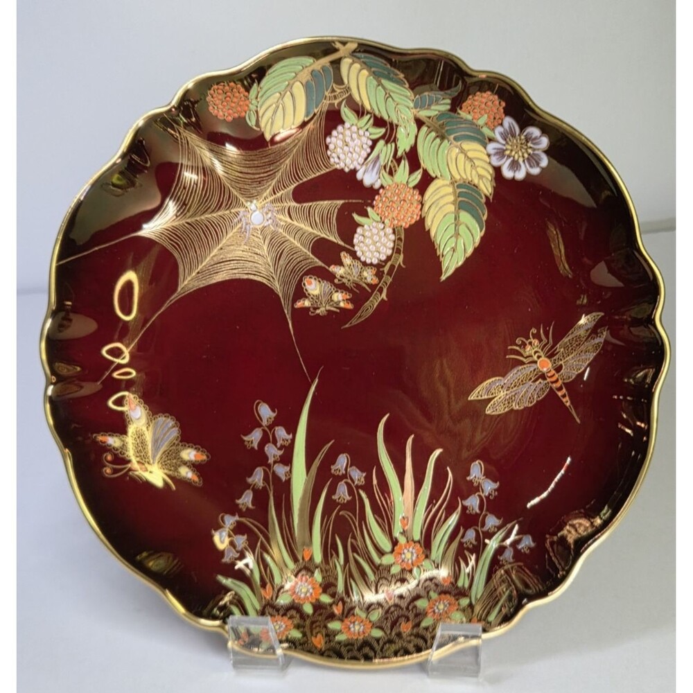 Carlton Ware Rouge Royale Red Bowl Plate Scalloped Spider Web 9" Insects Rare